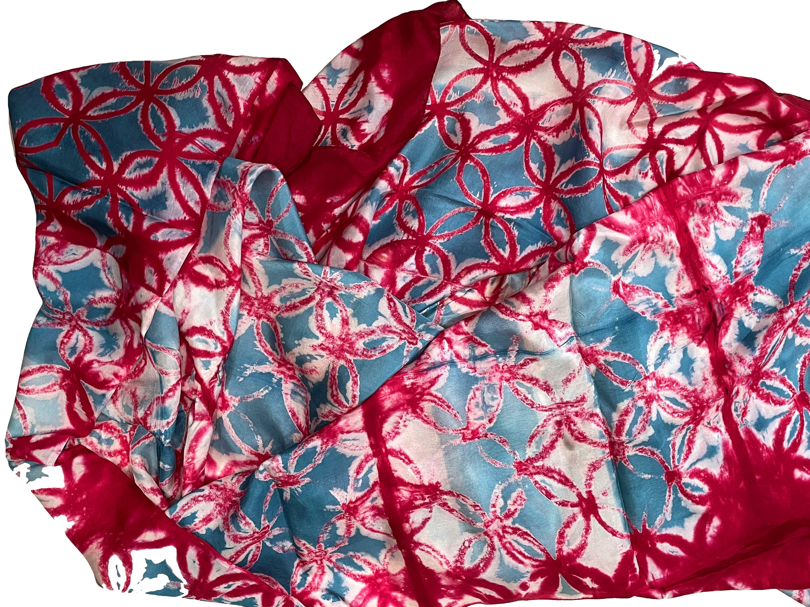 Hand-Dyed, Large Magenta, Blue and White Circles Silk Scarf/Shawl — Handmade by SIDR Craft