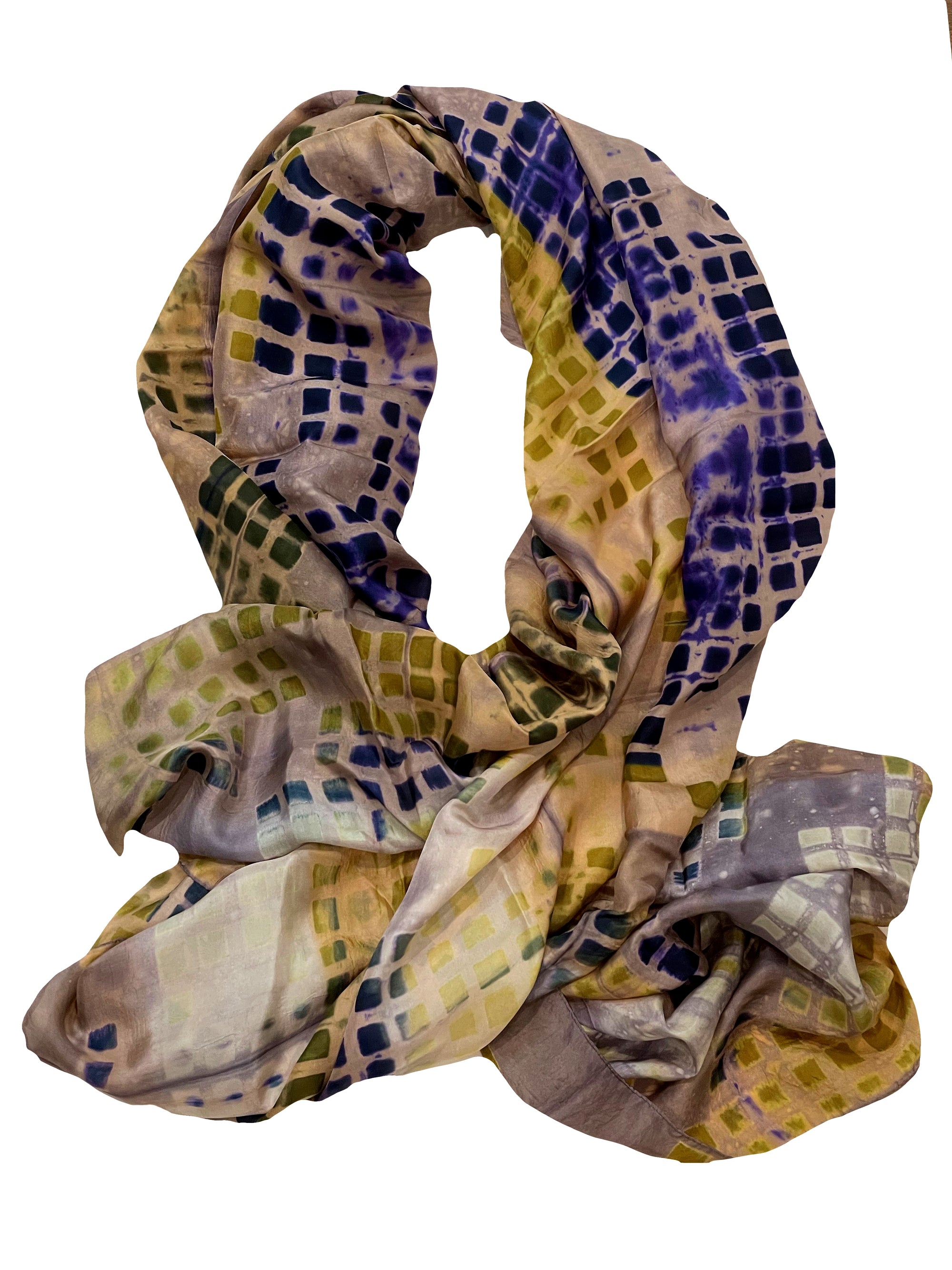 Hand-dyed, Large Gold, Purple and Gray Checks Silk Scarf/Shawl — Handmade by SIDR Craft