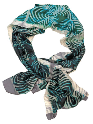 Hand-dyed, Long Teal, Black, Gray and White Vibrations Silk Scarf — Handcrafted by SIDR Craft
