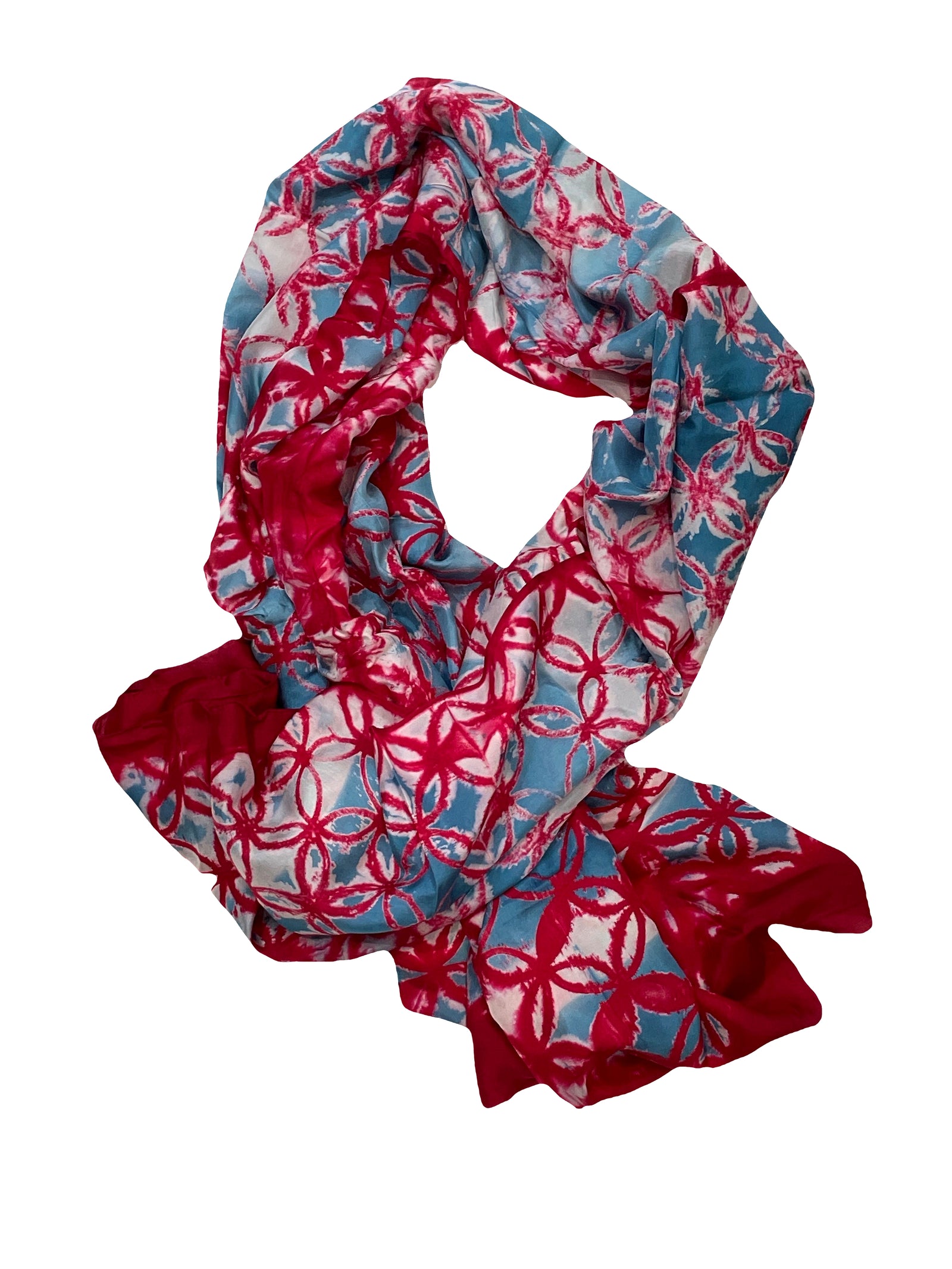 Hand-Dyed, Large Magenta, Blue and White Circles Silk Scarf/Shawl — Handmade by SIDR Craft
