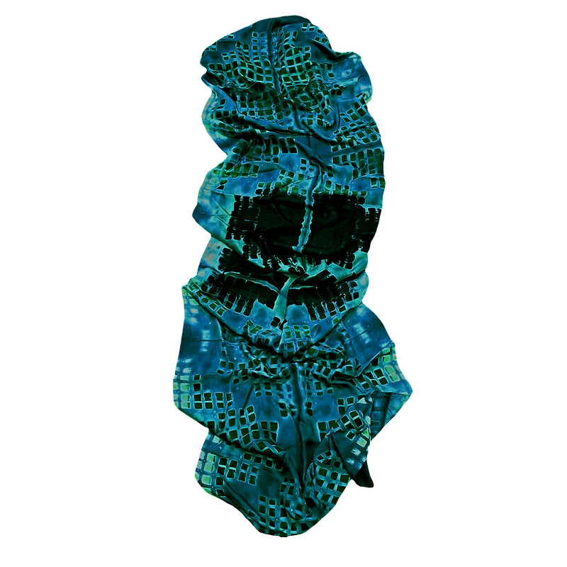 Hand-Dyed, Long Blue, Green and Black Squares Silk Scarf - Handmade by SIDR Craft