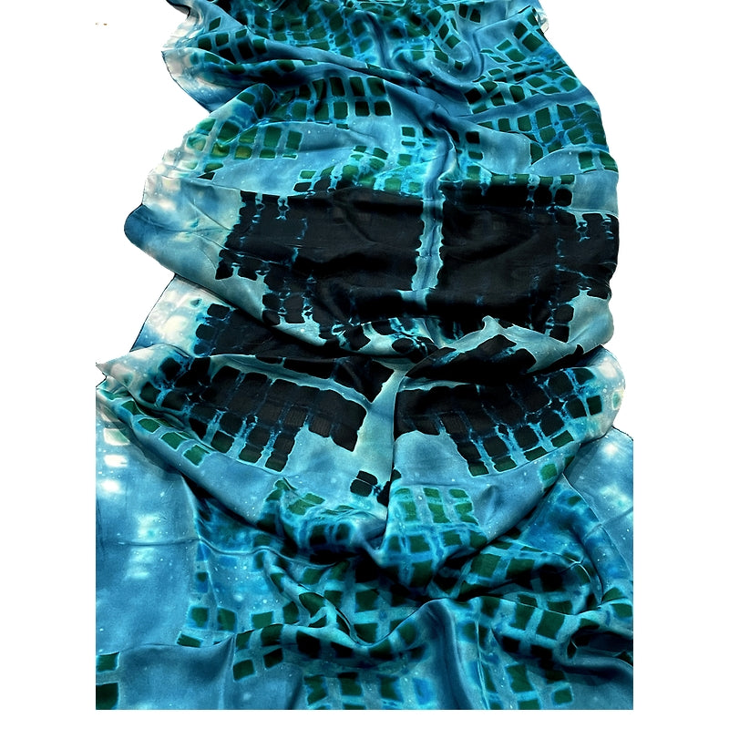 Hand-Dyed, Long Blue, Green and Black Squares Silk Scarf - Handmade by SIDR Craft