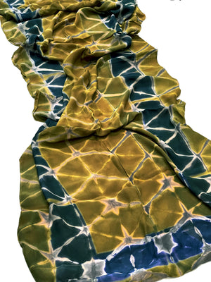 Hand-dyed, Long Green, Blue and Gold Silk Scarf — Handmade by SIDR Craft