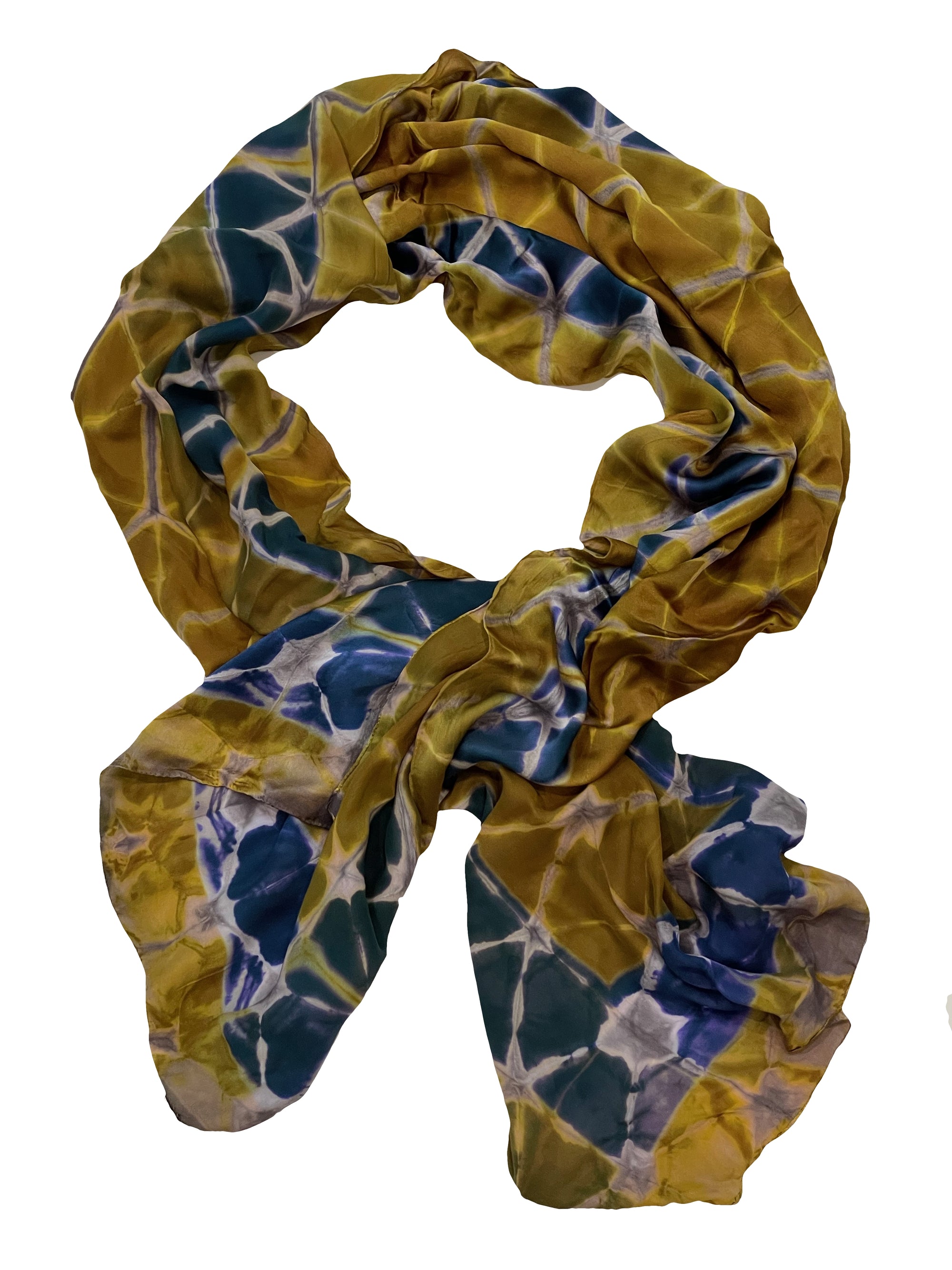 Hand-dyed, Long Green, Blue and Gold Silk Scarf — Handmade by SIDR Craft