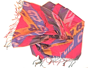 Handy-dyed, handwoven, silk and cotton authentic Ikat scarf by Master Weaver Rasuljon Mirzaahmedov 