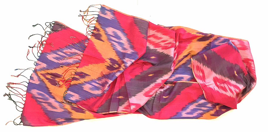 Handy-dyed, handwoven, silk and cotton authentic Ikat scarf by Master Weaver Rasuljon Mirzaahmedov 