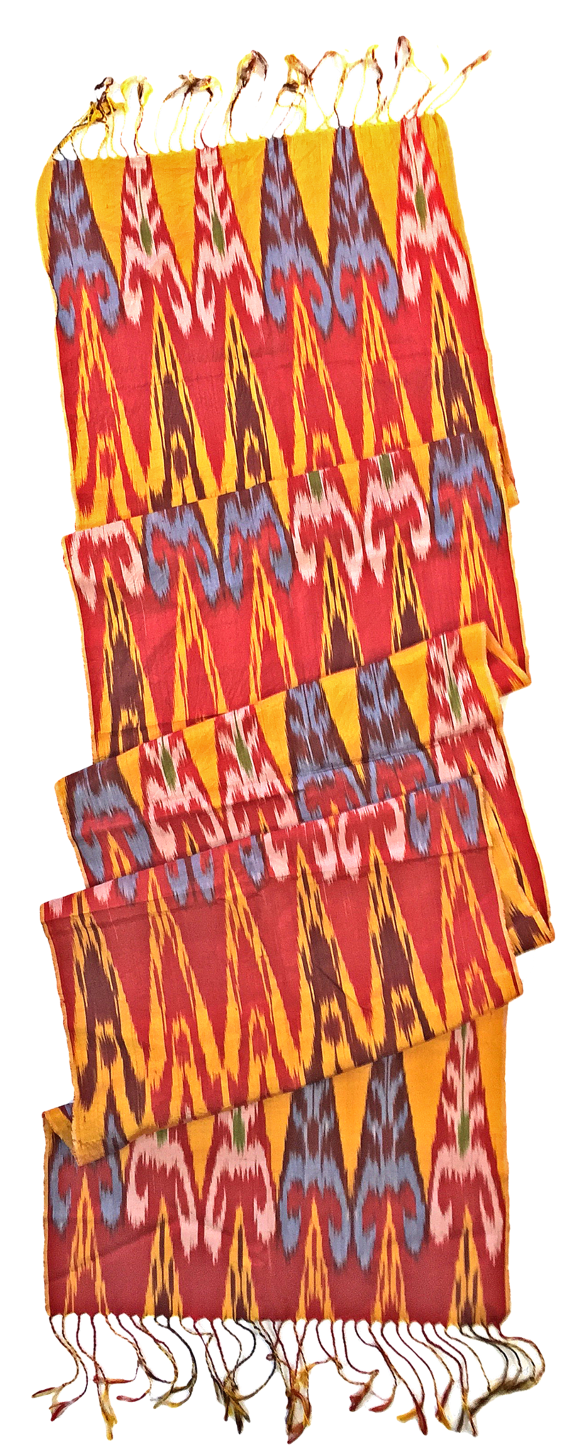 Handy-dyed, handwoven, silk and cotton authentic Ikat scarf by Master Weaver Rasuljon Mirzaahmedov 