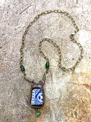ARTIST HANDCRAFTED — Window to the Past Necklace with Excavated 1830s Blue Plate Shard and African Jade Beads — By Past Object Art