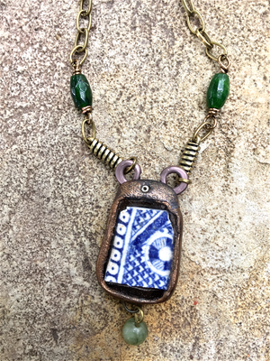 ARTIST HANDCRAFTED — Window to the Past Necklace with Excavated 1830s Blue Plate Shard and African Jade Beads — By Past Object Art