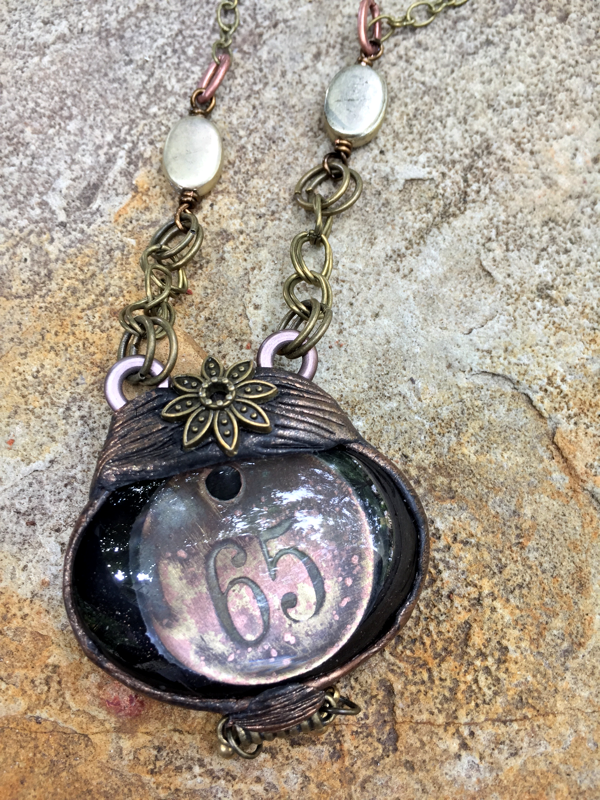 ARTIST HANDCRAFTED — Window to the Past Necklace with Excavated Antique Room Key Tag and Antique Brass Beads — By Past Object Art