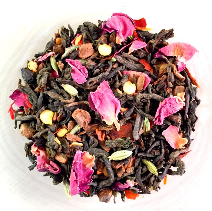 Sandia Rose  — Organic Pu-erh, Cinnamon, Rose Petals, Red Chile, Fennel Seed, Vanilla Bean Tea - 2 ounce bag — By tea.o.graphy