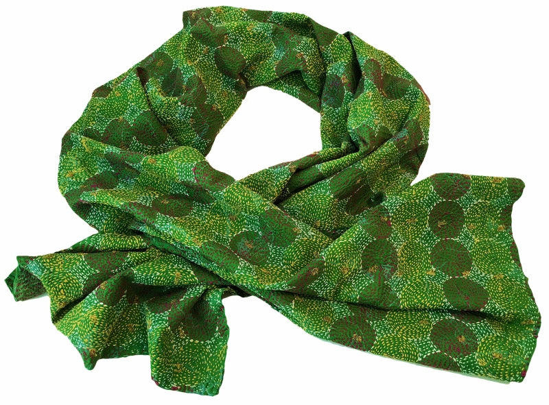 Silk Sari Circle Kantha Stitched Scarf (Greens, Pink, Gold, White) — The Red Sari