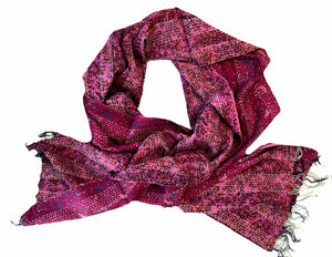 Double-sided Silk Sari Kantha Stitched Scarf (Pink, Magenta Blues) The Red Sari