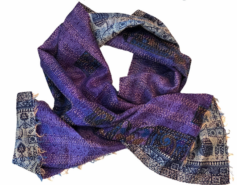 Double-sided Silk Sari Kantha Stitched Scarf (Purple, Blues, Grays) The Red Sari
