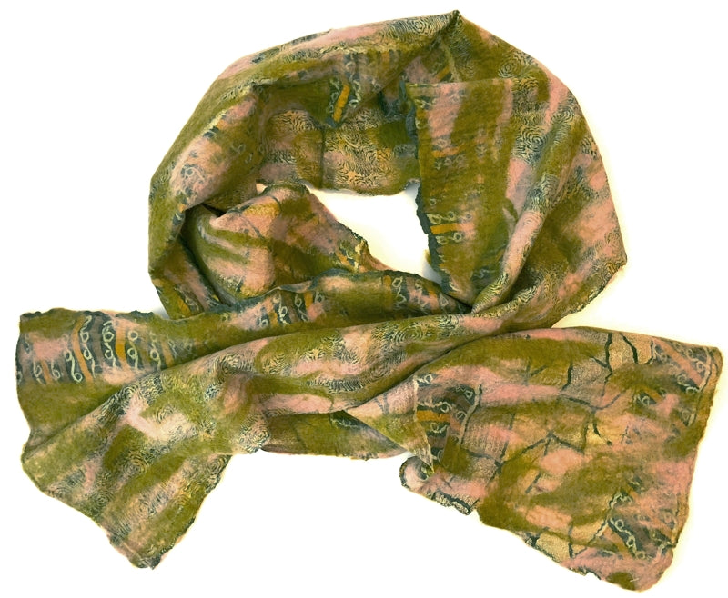 Wool and Silk Felted Vintage Sari Scarf (Pink, Green, Gold, Cream) — The Red Sari