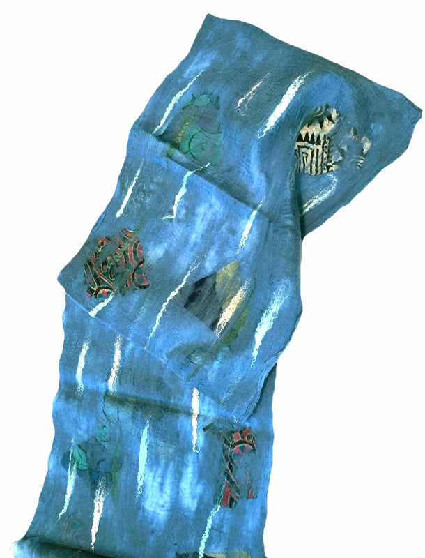 Wool and Silk Felted Sari Collage Scarf (Blue and Various Colors/Patterns) — The Red Sari