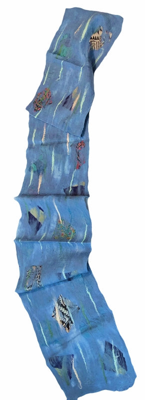 Wool and Silk Felted Sari Collage Scarf (Blue and Various Colors/Patterns) — The Red Sari