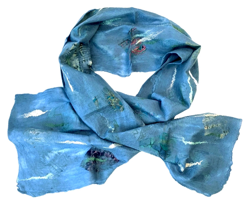 Wool and Silk Felted Sari Collage Scarf (Blue and Various Colors/Patterns) — The Red Sari