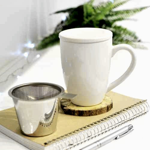 GROSCHE Kassel White Ceramic Tea Infuser Mug with Stainless Steel Infuser - 11 Fluid Ounces